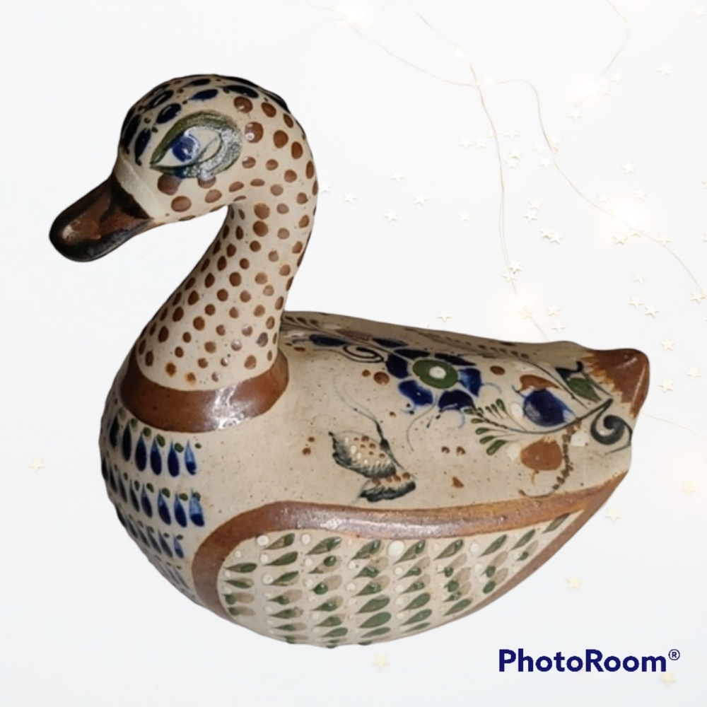 Vtg Tonala Santana Juarez Mexican Folk Art Pottery Duck Figurine Signed 6"